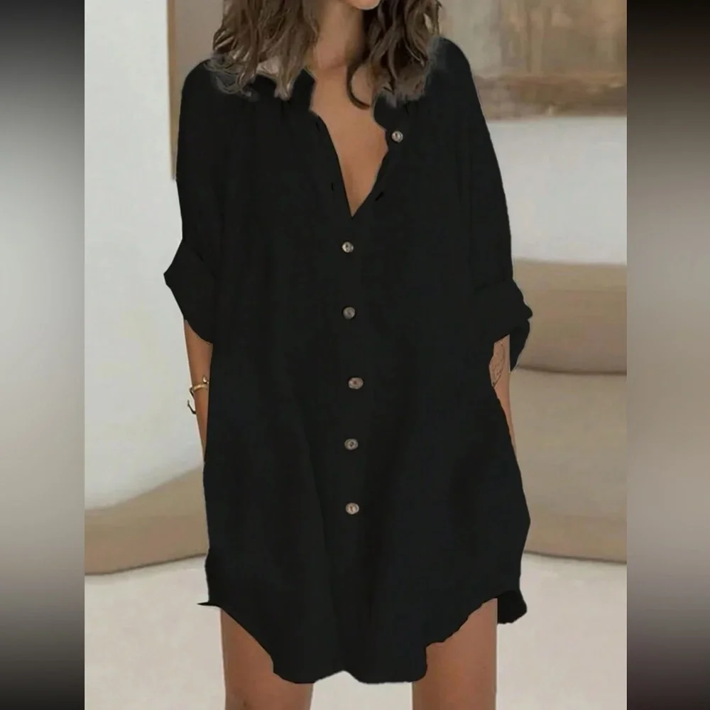 Plus Size Classic Elegant Roll Up Button Down Shirt Dress Black - Picture 1 of 9